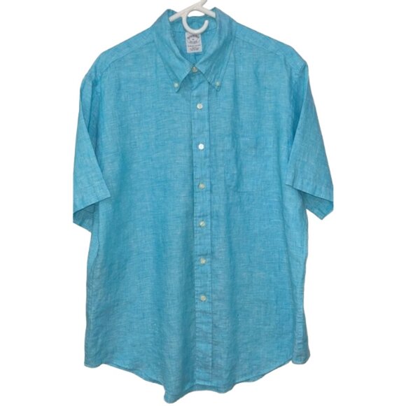 Brooks Brothers Irish Linen Button Down Shirt XL Aqua Blue Short Sleeve Slim Fit - Picture 1 of 9